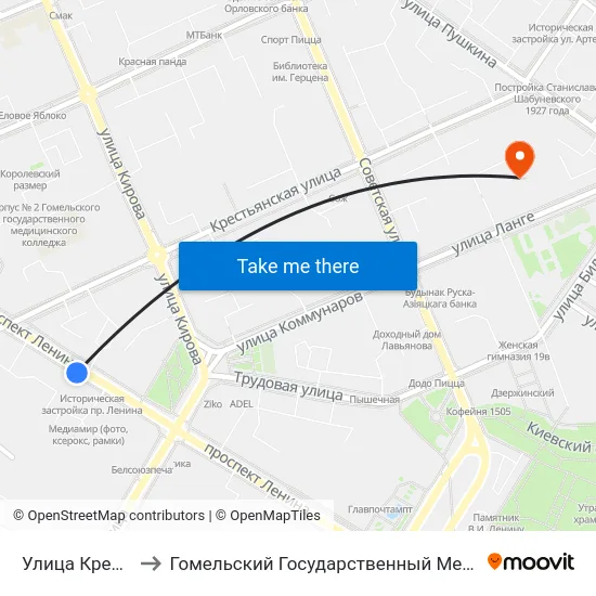 Улица Крестьянская to Гомельский Государственный Медицинский Университет map