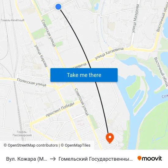 Вул. Кожара (Магазин «Океан») to Гомельский Государственный Медицинский Университет map