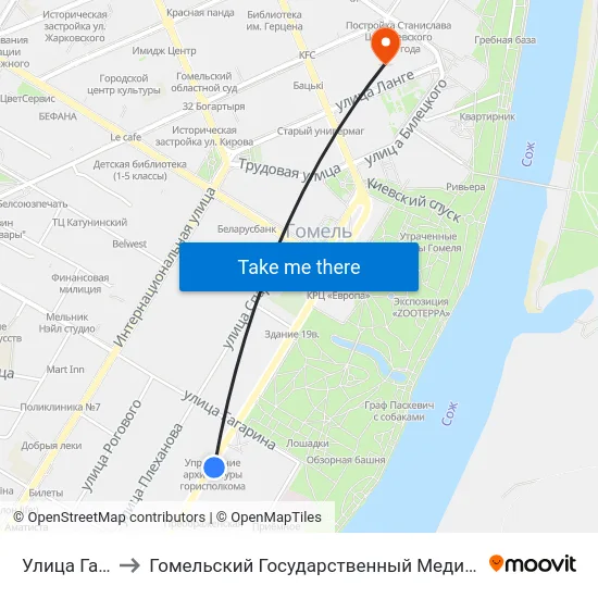 Улица Гагарина to Гомельский Государственный Медицинский Университет map