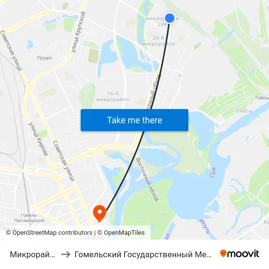 Микрорайон № 20а to Гомельский Государственный Медицинский Университет map