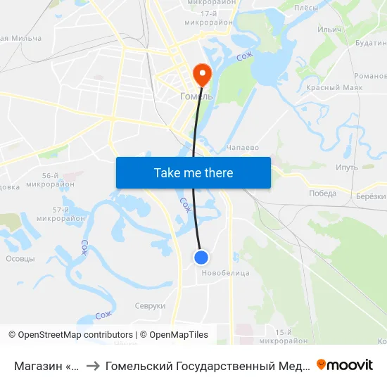 Магазин «Южный» to Гомельский Государственный Медицинский Университет map