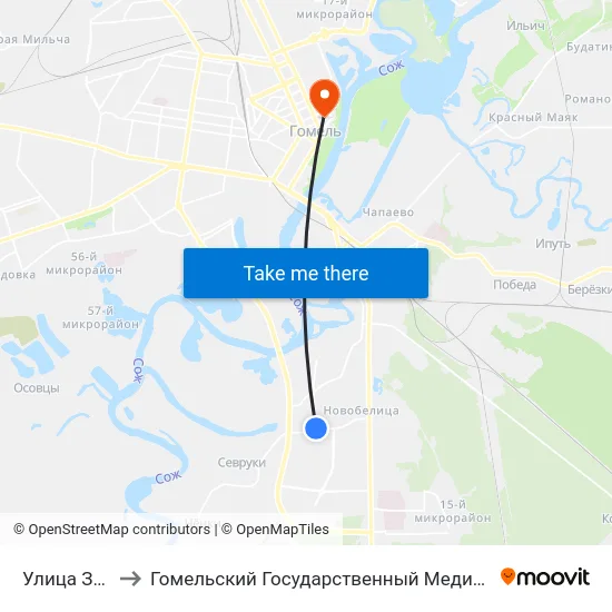 Улица Зайцева to Гомельский Государственный Медицинский Университет map