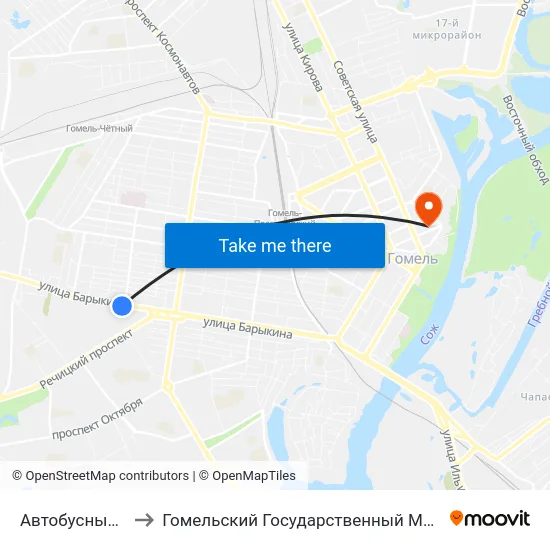 Автобусный Парк № 1 to Гомельский Государственный Медицинский Университет map