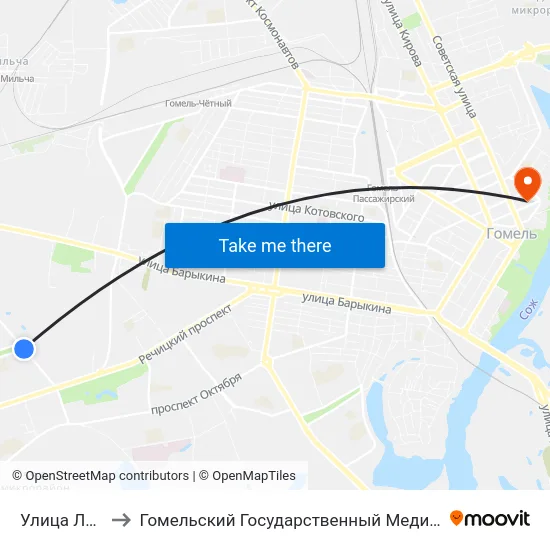 Улица Лазурная to Гомельский Государственный Медицинский Университет map
