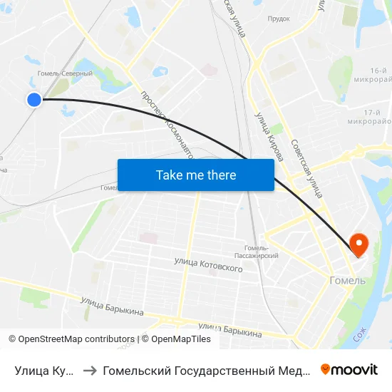 Улица Кунцевича to Гомельский Государственный Медицинский Университет map