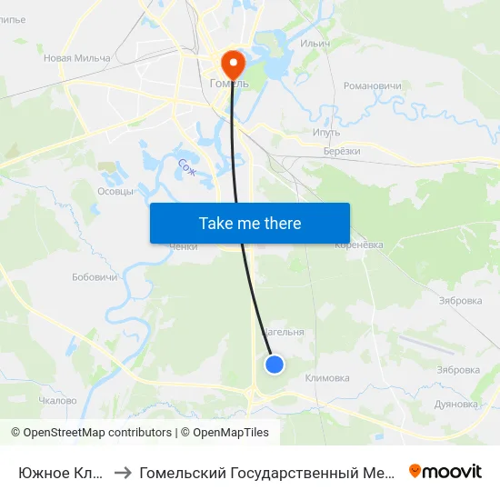 Южное Кладбище 2 to Гомельский Государственный Медицинский Университет map