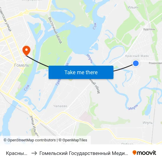 Красный Маяк to Гомельский Государственный Медицинский Университет map