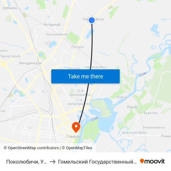 Поколюбичи, Улица Крупской to Гомельский Государственный Медицинский Университет map