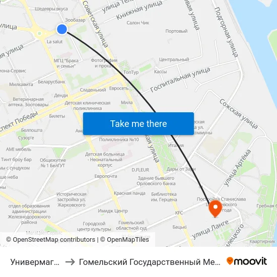 Универмаг «Гомель» to Гомельский Государственный Медицинский Университет map