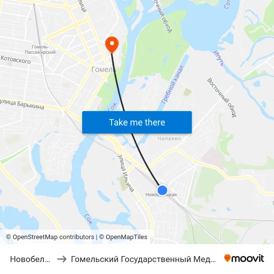 Новобелицкая￼ to Гомельский Государственный Медицинский Университет map