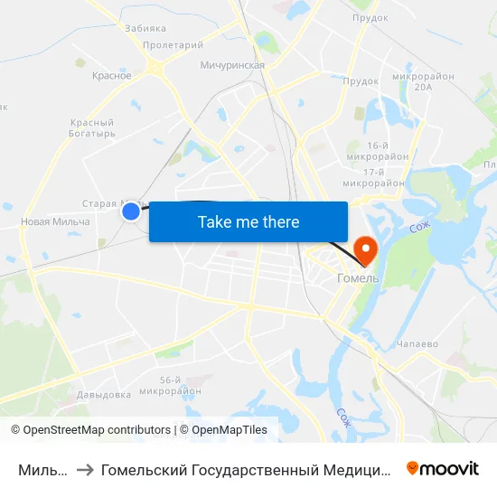 Мильча￼ to Гомельский Государственный Медицинский Университет map