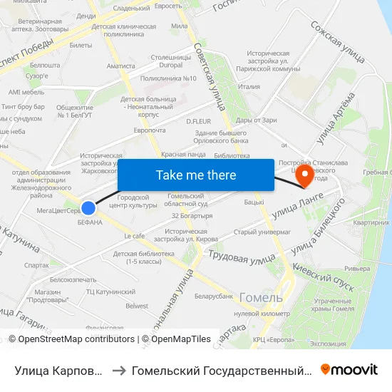 Улица Карповича (Пригород) to Гомельский Государственный Медицинский Университет map