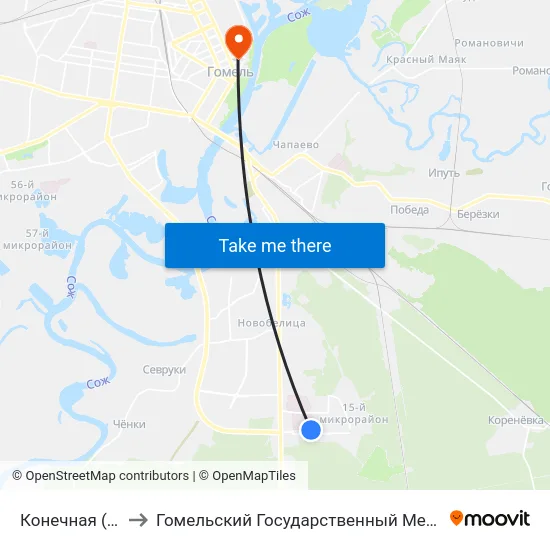 Конечная (Высадка) to Гомельский Государственный Медицинский Университет map