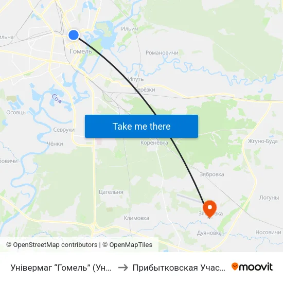 Універмаг “Гомель” (Универмаг «Гомель») to Прибытковская Участковая Больница map