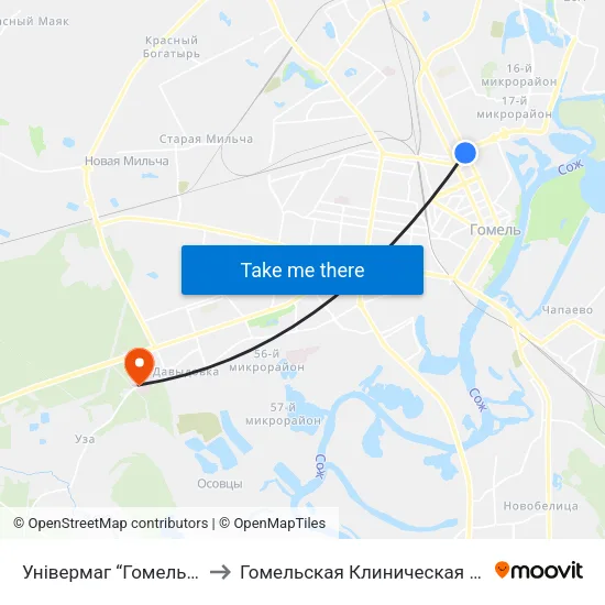 Універмаг “Гомель” (Универмаг «Гомель») to Гомельская Клиническая Специализированная больница map