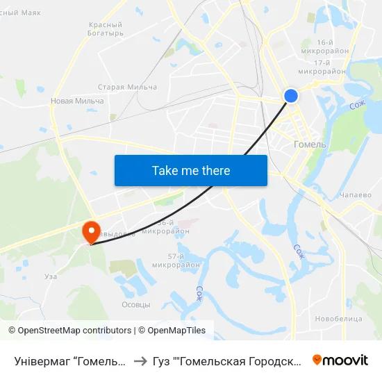 Універмаг “Гомель” (Универмаг «Гомель») to Гуз ""Гомельская Городская Клиническая Больница №2"" map