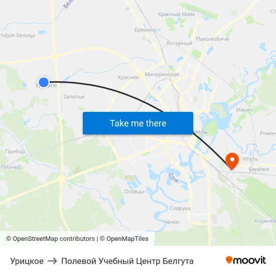 Урицкое to Полевой Учебный Центр Белгута map