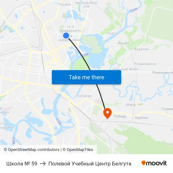 Школа № 59 to Полевой Учебный Центр Белгута map