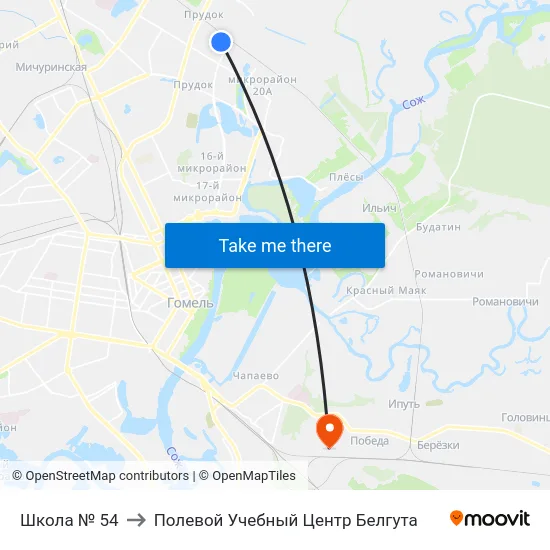 Школа № 54 to Полевой Учебный Центр Белгута map