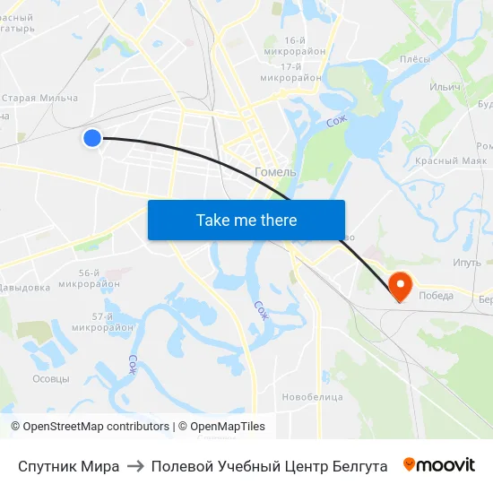 Спутник Мира to Полевой Учебный Центр Белгута map