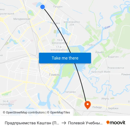 Прадпрыемства Каштан (Предприятие «Каштан») to Полевой Учебный Центр Белгута map