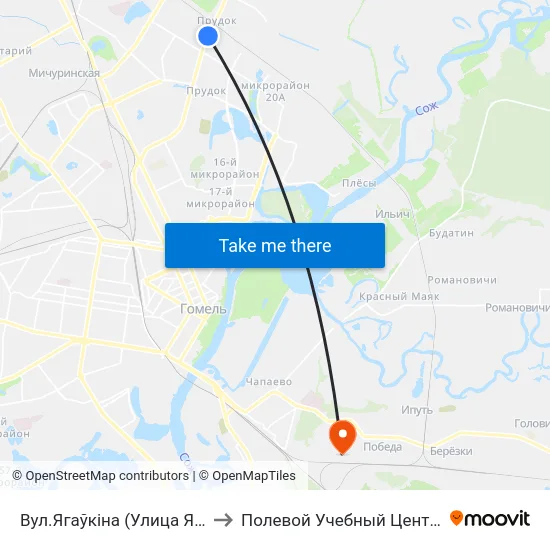 Вул.Ягаўкіна (Улица Яговкина) to Полевой Учебный Центр Белгута map