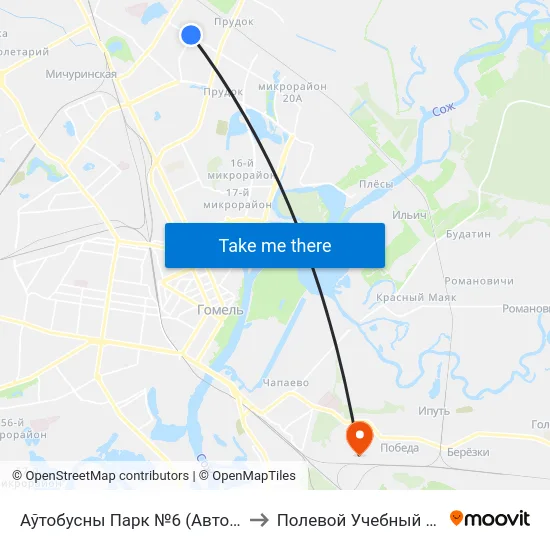 Аўтобусны Парк №6 (Автобусный Парк № 6) to Полевой Учебный Центр Белгута map