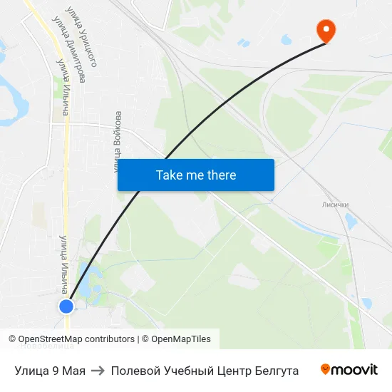 Улица 9 Мая to Полевой Учебный Центр Белгута map