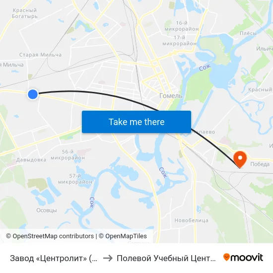 Завод «Центролит» (Кольцо) to Полевой Учебный Центр Белгута map