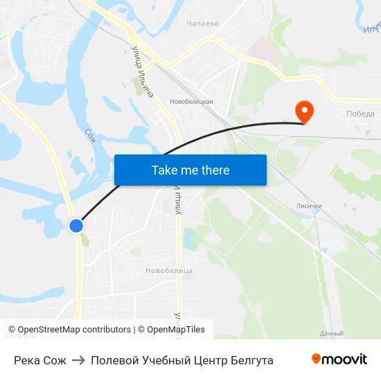 Река Сож to Полевой Учебный Центр Белгута map