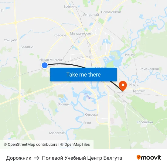 Дорожник to Полевой Учебный Центр Белгута map