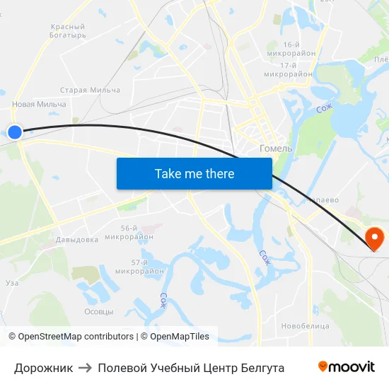 Дорожник to Полевой Учебный Центр Белгута map
