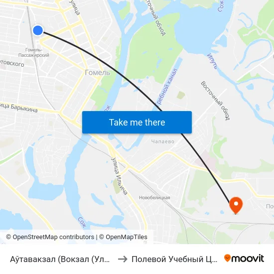 Аўтавакзал (Вокзал (Улица Шевченко) to Полевой Учебный Центр Белгута map