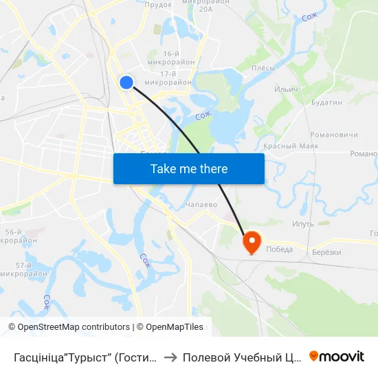 Гасцініца”Турыст” (Гостиница «Турист») to Полевой Учебный Центр Белгута map