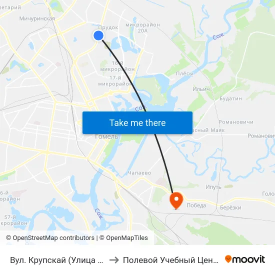 Вул. Крупскай (Улица Крупской) to Полевой Учебный Центр Белгута map