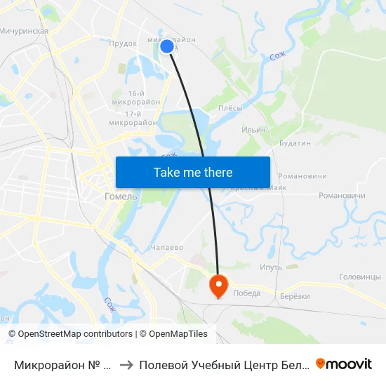 Микрорайон № 20а to Полевой Учебный Центр Белгута map