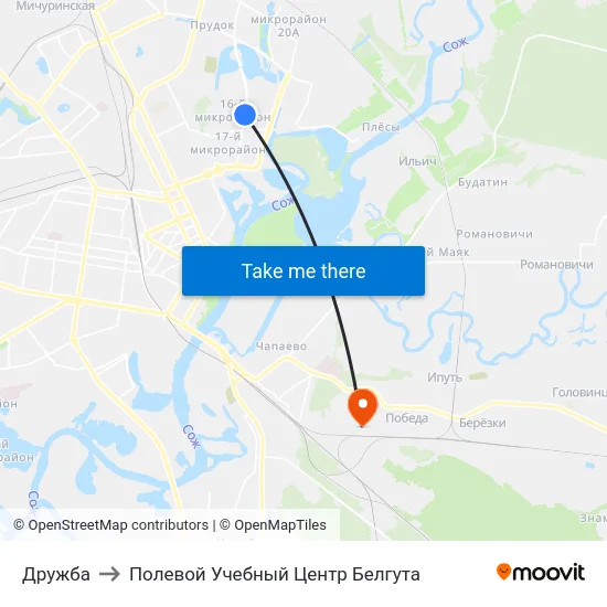 Дружба to Полевой Учебный Центр Белгута map