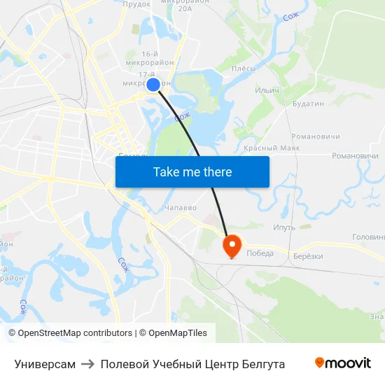 Универсам to Полевой Учебный Центр Белгута map