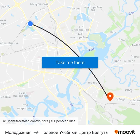 Молодёжная to Полевой Учебный Центр Белгута map