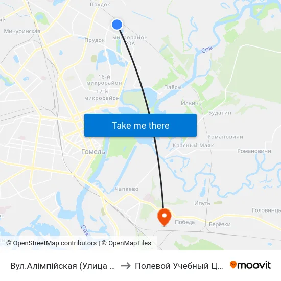 Вул.Алімпійская (Улица Олимпийская) to Полевой Учебный Центр Белгута map