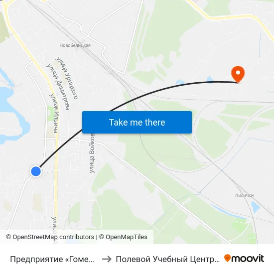 Предприятие «Гомельдрев» to Полевой Учебный Центр Белгута map
