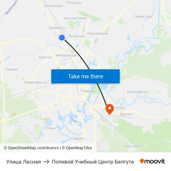 Улица Лесная to Полевой Учебный Центр Белгута map