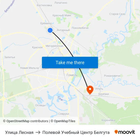 Улица Лесная to Полевой Учебный Центр Белгута map