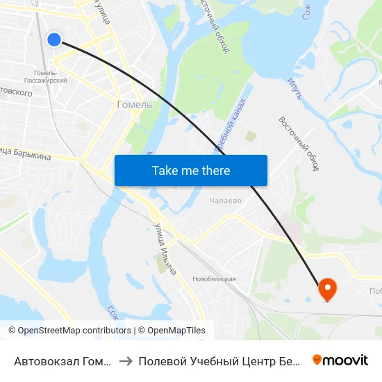 Автовокзал Гомель to Полевой Учебный Центр Белгута map