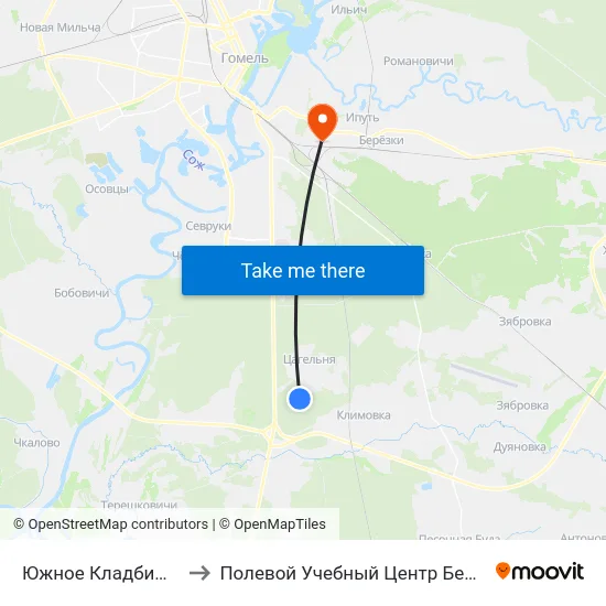 Южное Кладбище 2 to Полевой Учебный Центр Белгута map