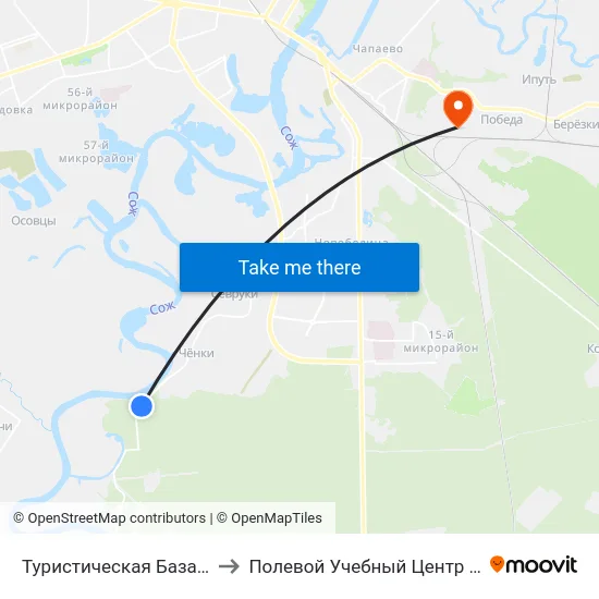 Туристическая База «Сож» to Полевой Учебный Центр Белгута map