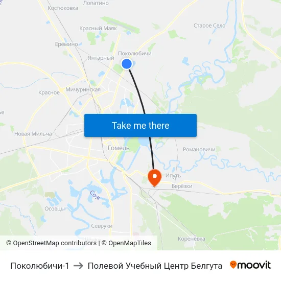 Поколюбичи-1 to Полевой Учебный Центр Белгута map