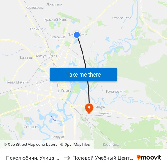 Поколюбичи, Улица Крупской to Полевой Учебный Центр Белгута map
