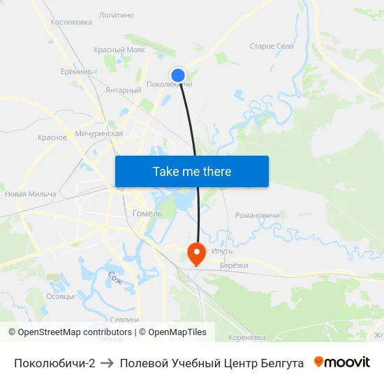 Поколюбичи-2 to Полевой Учебный Центр Белгута map