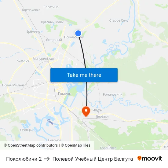 Поколюбичи-2 to Полевой Учебный Центр Белгута map